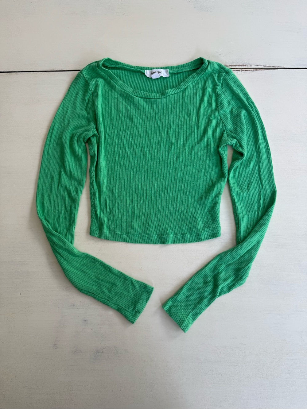 Green Ribbed Long-Sleeve Crop Top